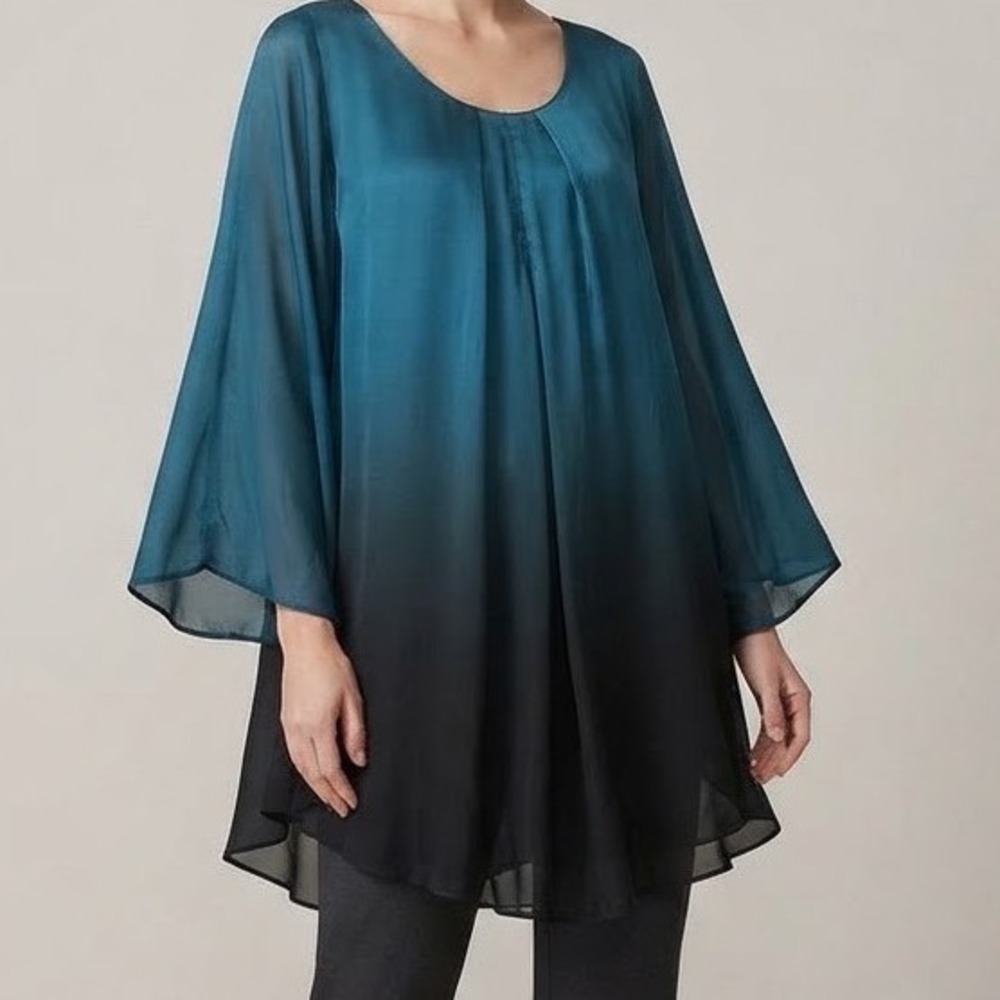 SOSIA Made in Italy Teal Ombre Silk Blend Tunic Blouse Top Artsy Boho Art2wear